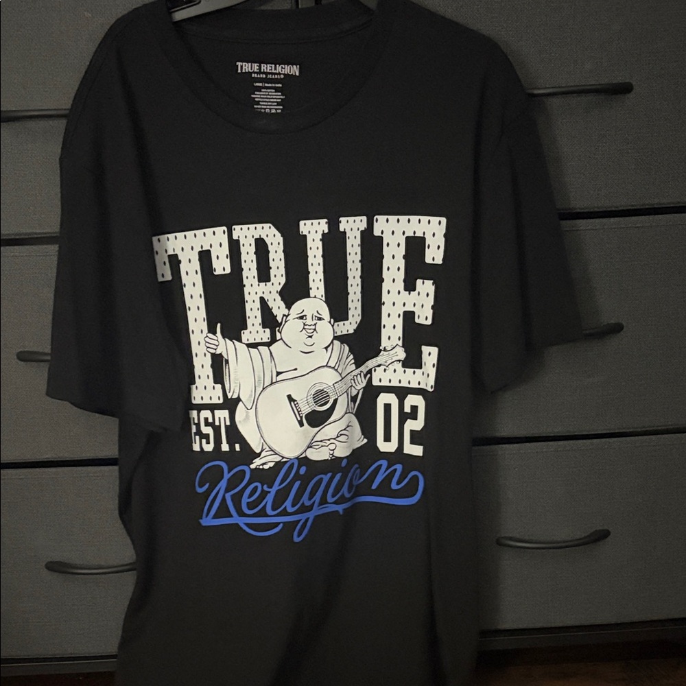 True Religion Black Tee with White and Blue Graphic